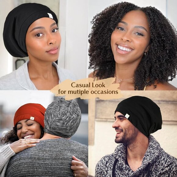 Slouchy Beanie Satin Lined Sleep Cap Chemo Headwear for Women Men Black